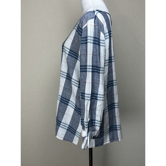Liz Claiborne 3/4 Sleeve Tunic Blouse Top M Linen Cotton Blend Blue White Plaid - Picture 9 of 15